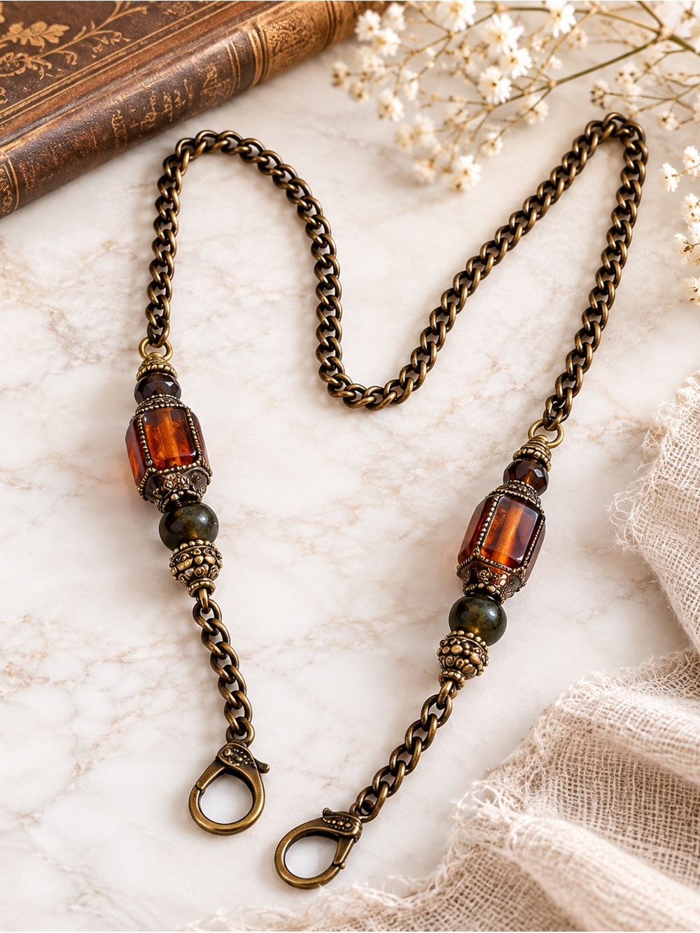 Beaded Amber Gem Jewel Copper & Brass Antique Gold Handbag Chain 44” long‎